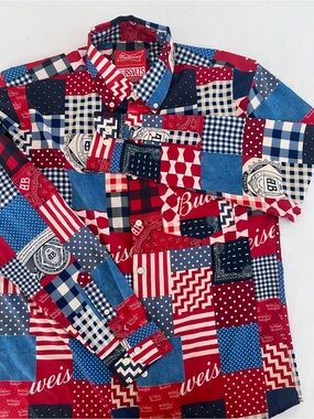 Budweiser Red, Navy & White Patchwork Button-Down Shirt